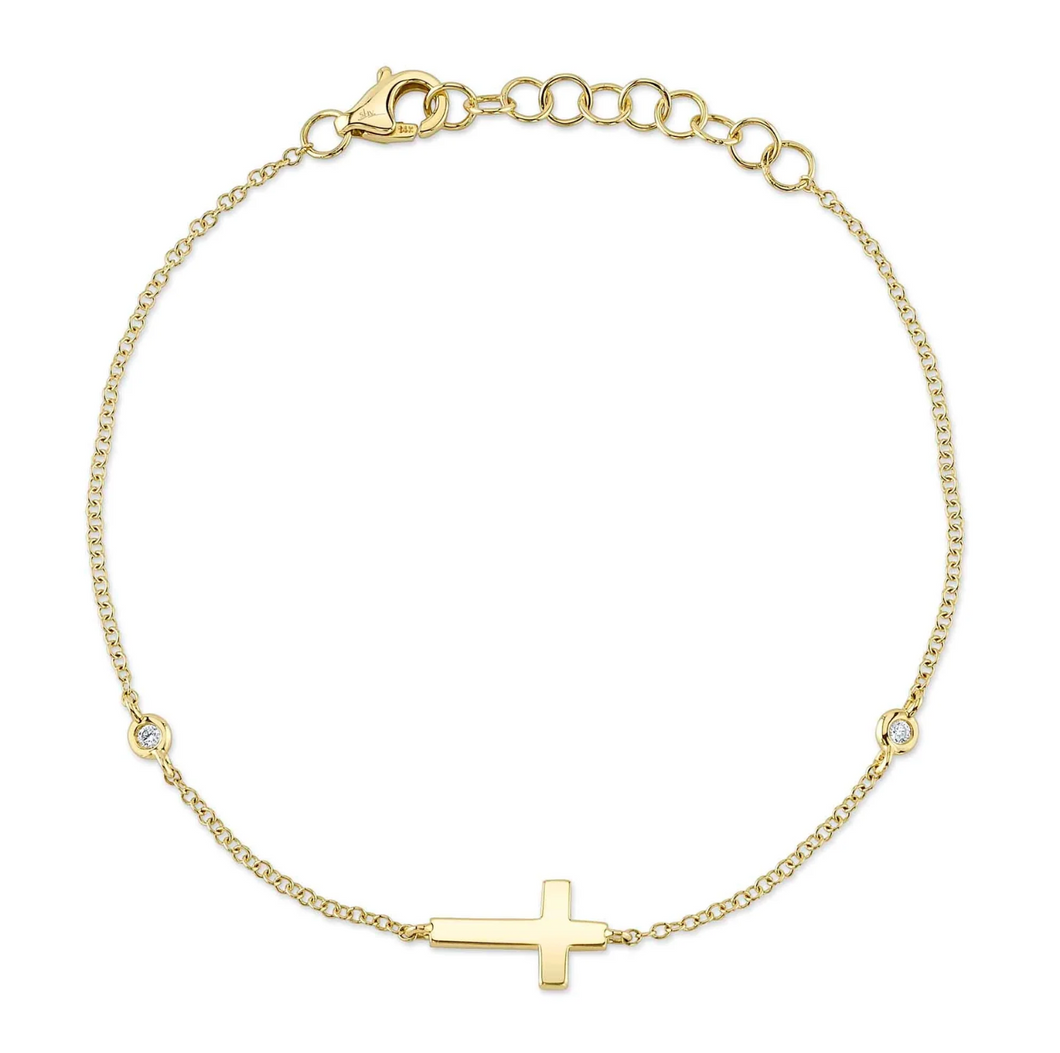 14K Gold Diamond Bezel Cross Bracelet
