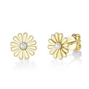 14K Yellow Gold Pearl Flower Studs