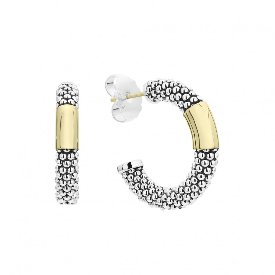 Lagos 18K and Sterling Silver High Bar 28mm Caviar Hoop Earrings