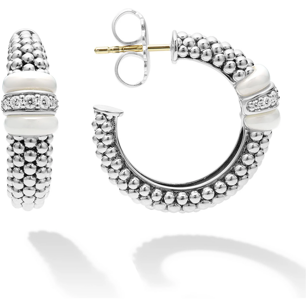 Lagos Sterling Silver White Caviar Ceramic Diamond Hoop Earrings