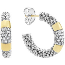 Load image into Gallery viewer, Lagos 18K and Sterling Silver High Bar Diamond 28mm Caviar Hoop Earrings
