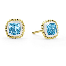 Load image into Gallery viewer, Lagos 18K and Sterling Silver Caviar Swiss Blue Topaz Cushion Stud Earrings
