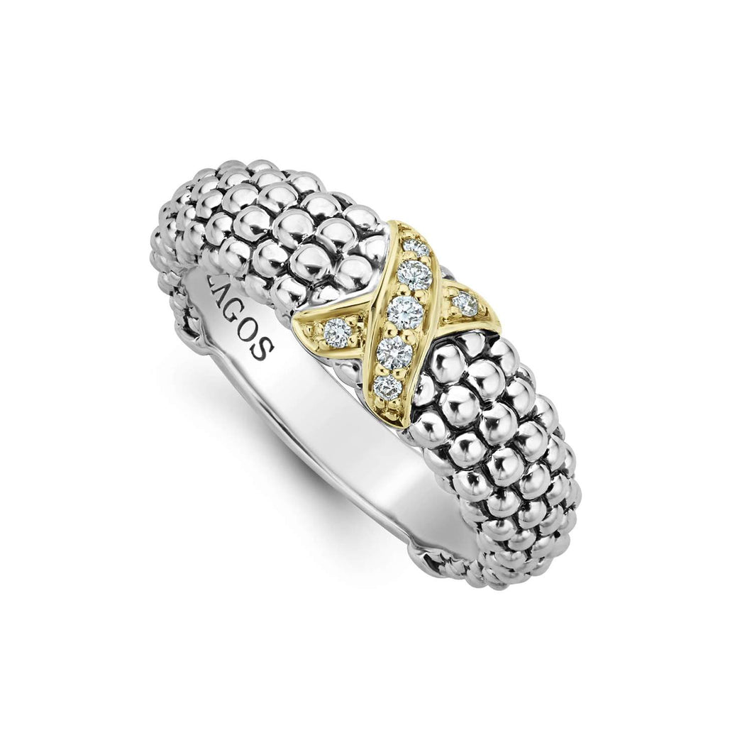 Lagos Sterling Silver and 18K Yellow Gold Caviar Lux Diamond Center X Band