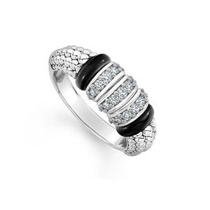 Lagos Sterling Silver Black Caviar Diamond 3 Link Fashion Ring