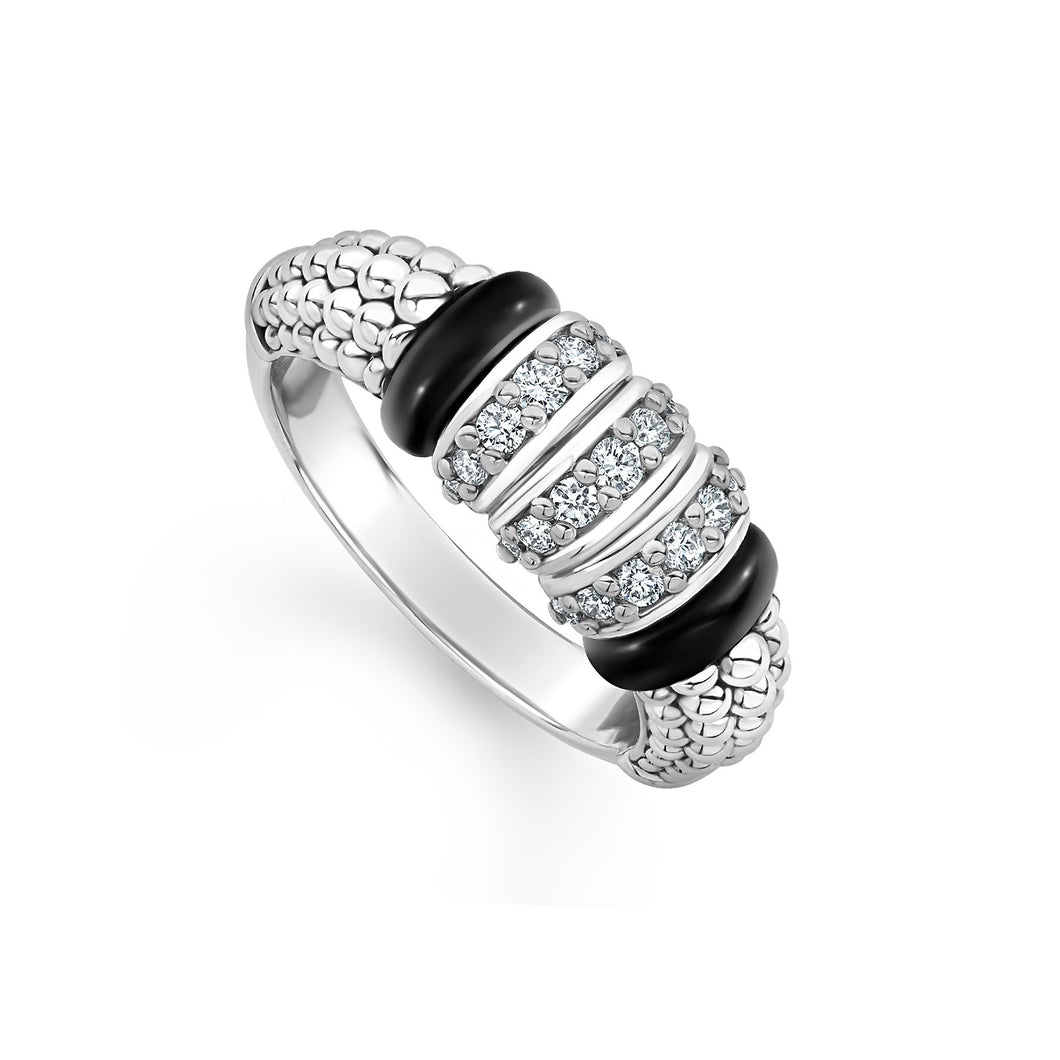 Lagos Sterling Silver Black Caviar Diamond 3 Link Fashion Ring