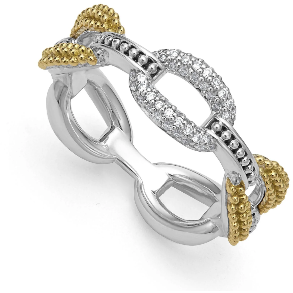 Lagos 18k and Sterling Silver Caviar Lux Diamond Link Ring