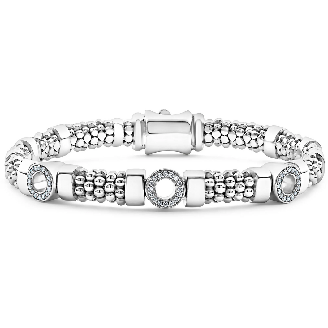 Lagos Sterling Silver Spark Caviar Diamond Circle 3 Station 6mm Bracelet