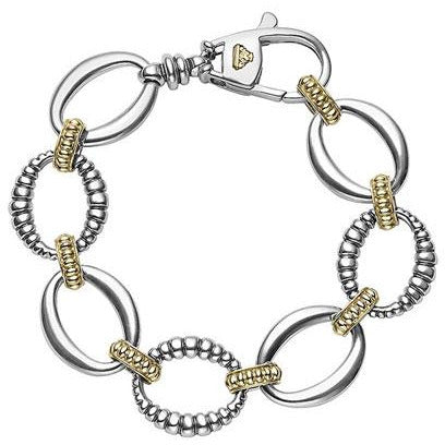 Lagos Sterling Silver and 18K Yellow Gold Caviar Oval Smooth and Fluted Link Bracelet