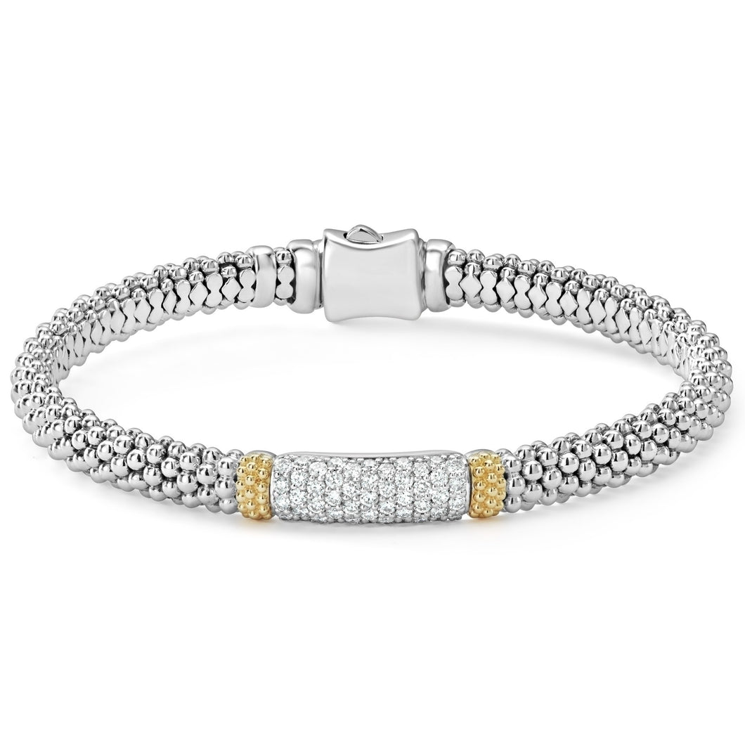 Lagos Sterling Silver and 18K YG Caviar Lux Diamond Bar Bracelet