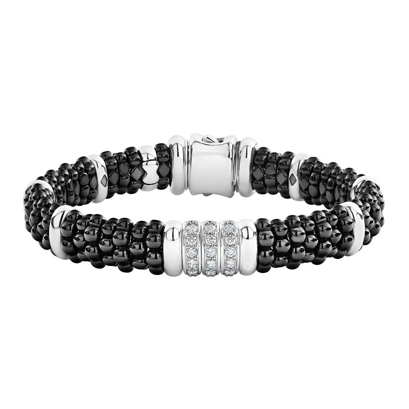 Lagos Black Caviar Ceramic and Sterling Silver Diamond Station Bracelet