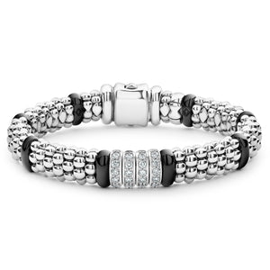 Lagos Sterling Silver Black Caviar Ceramic and Diamond Station Bracelet