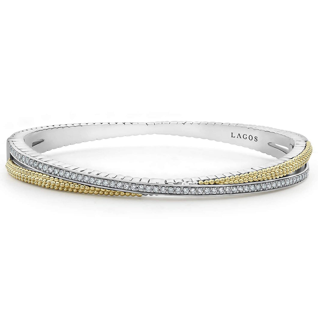 Lagos 18K and Sterling Silver Caviar Lux Diamond Crossover Cuff Bracelet