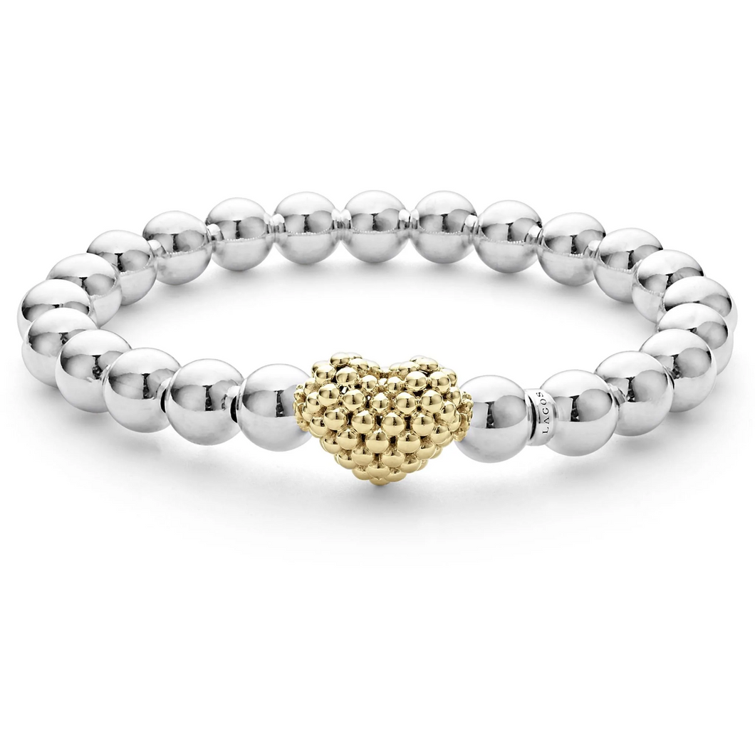 Lagos 18k Gold and Sterling Silver Signature Caviar Heart Beaded Bracelet