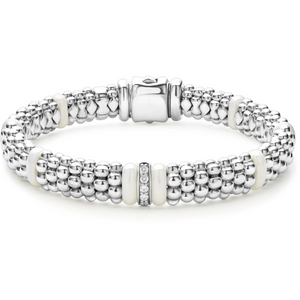 Lagos Sterling Silver White Caviar Ceramic Single Diamond Station Bracelet