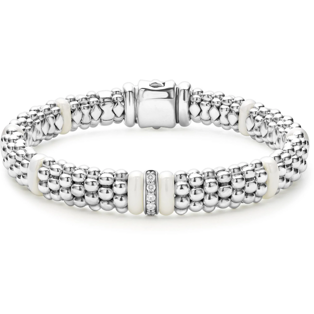 Lagos Sterling Silver White Caviar Ceramic Single Diamond Station Bracelet