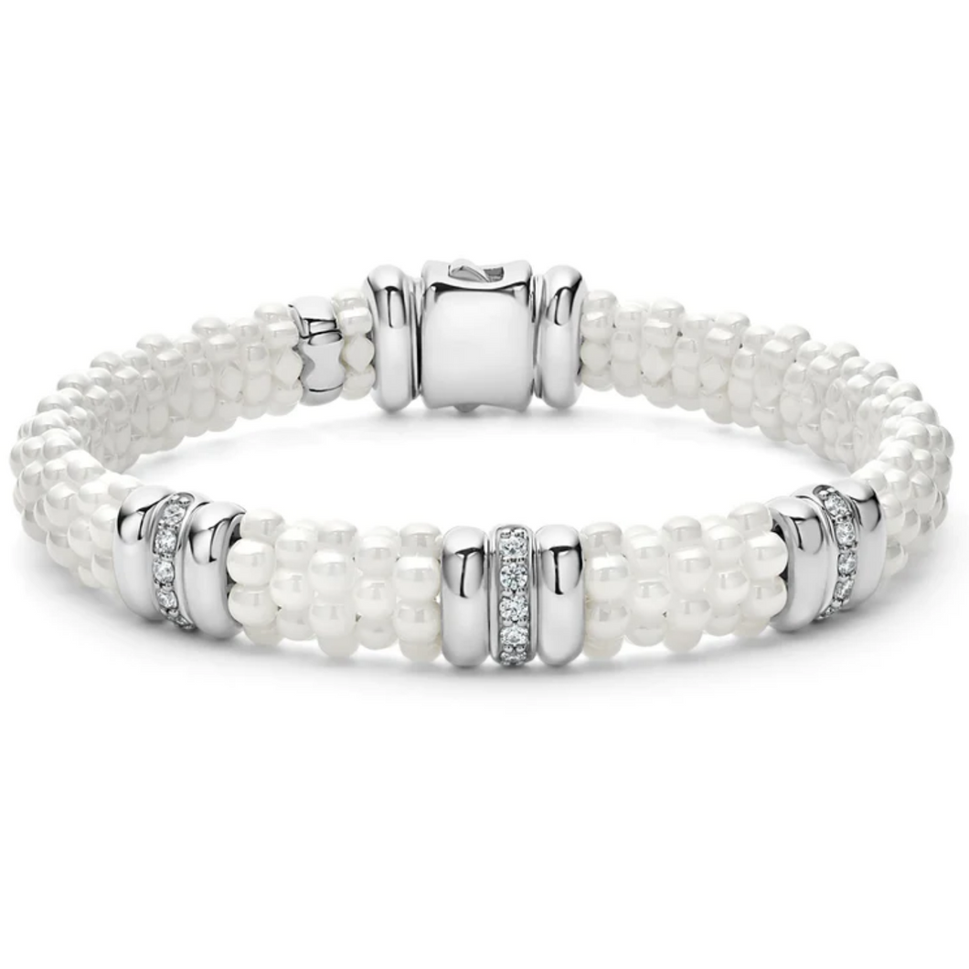 Lagos Sterling Silver White Caviar Ceramic 3 Diamond Station Bracelet