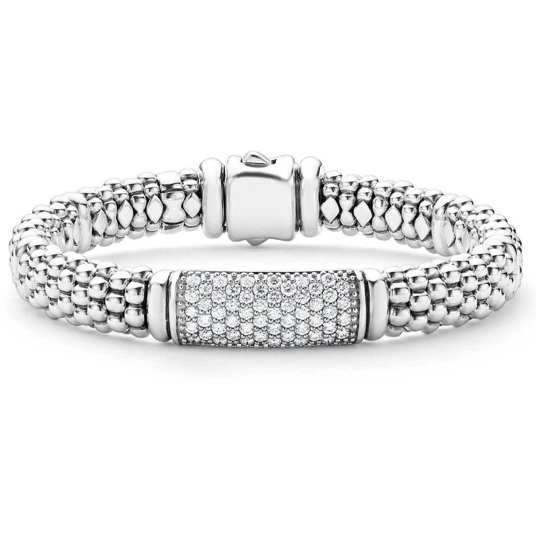 Lagos Sterling Silver Signature Caviar Diamond Station 9mm Bracelet