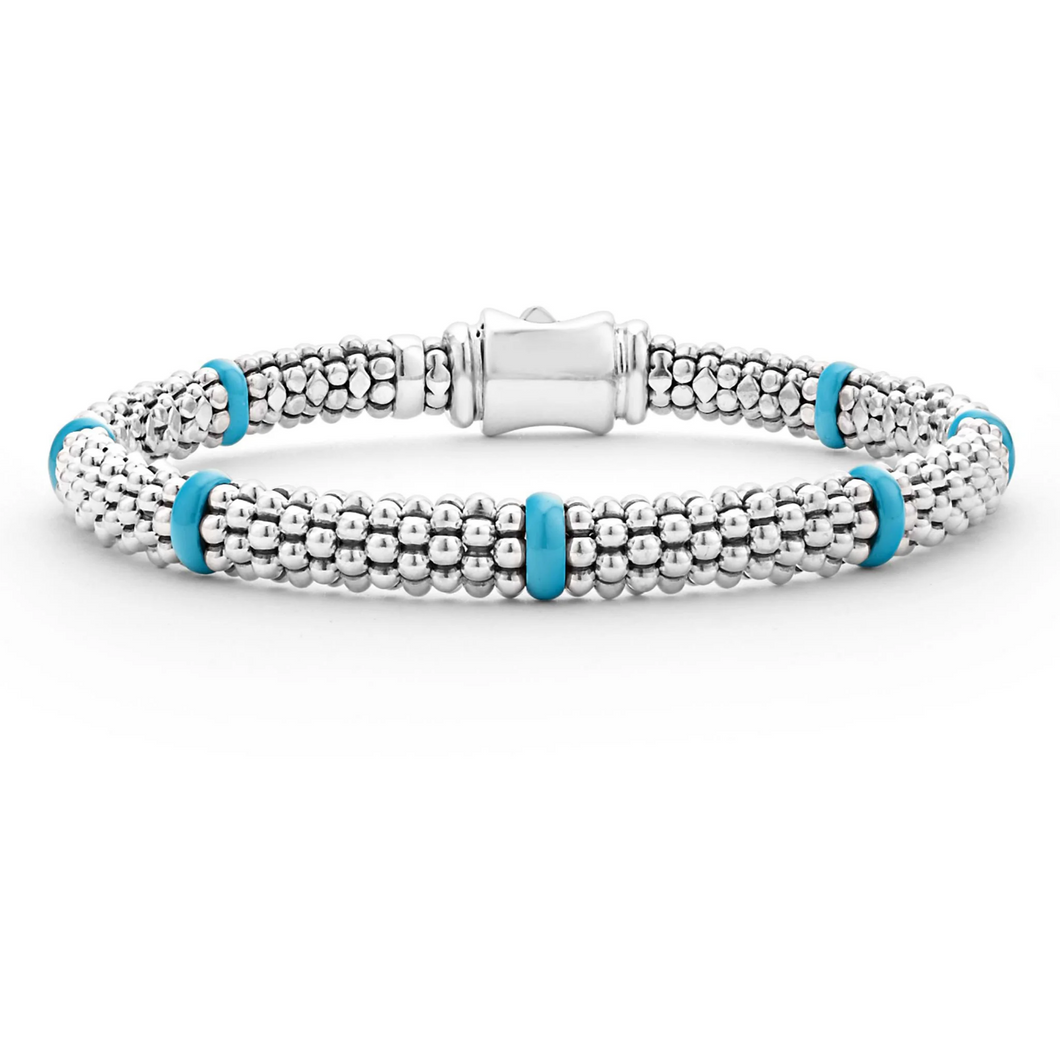 Lagos Sterling Silver Caviar Blue Ceramic 7 Station Bracelet