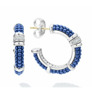 Lagos Sterling Silver Blue Ultramarine Caviar Diamond Hoop Earrings