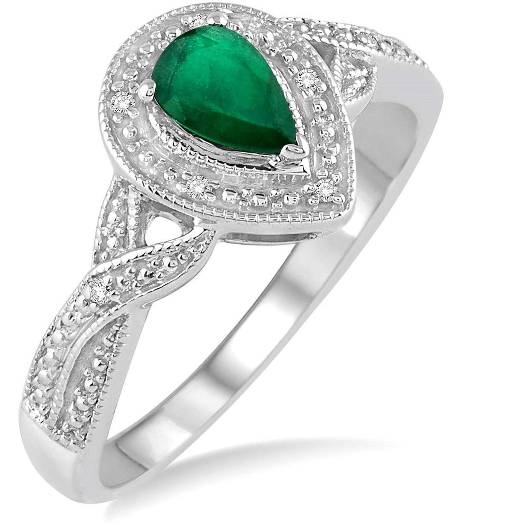 Sterling Silver Emerald and Diamond Ring