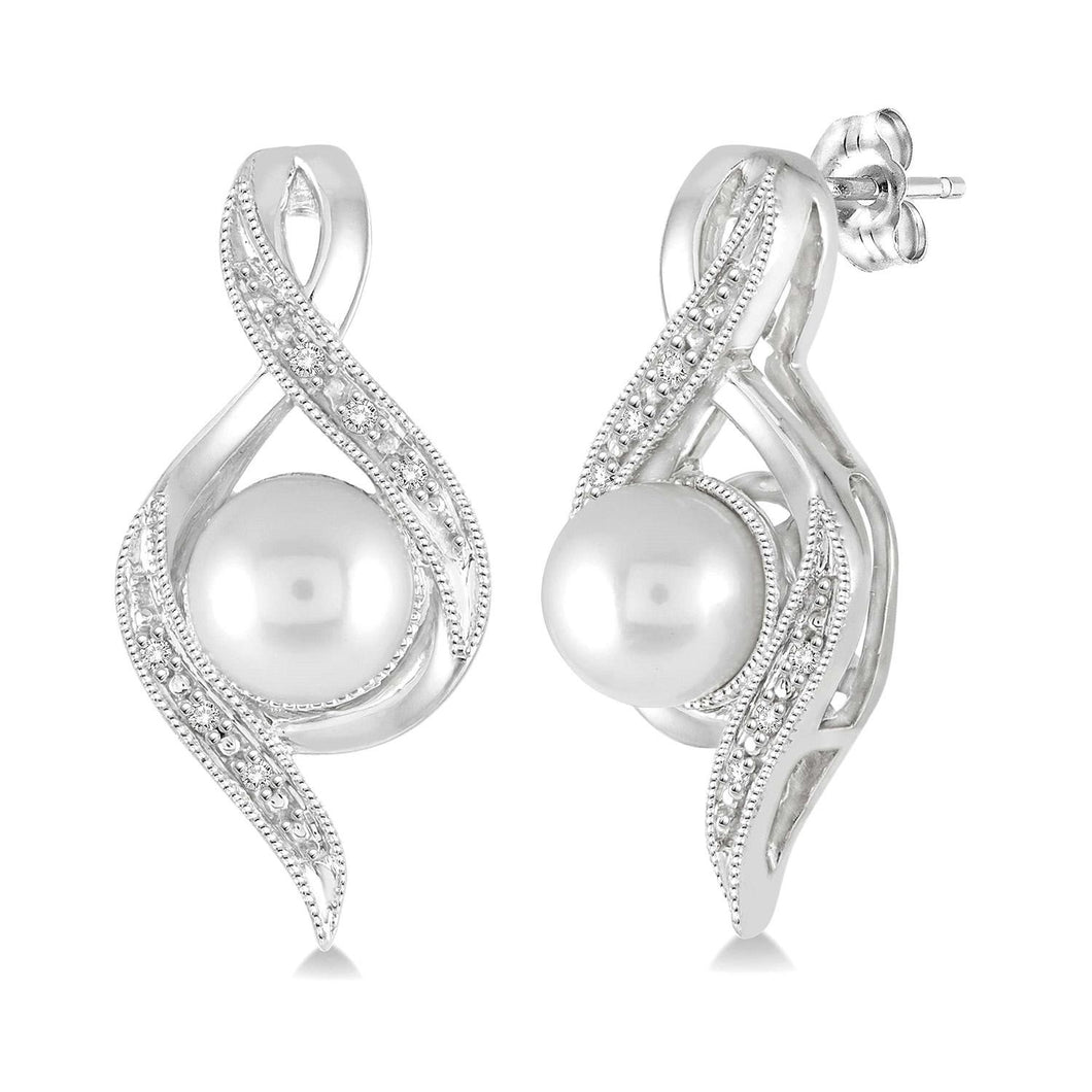 Sterling Silver Pearl and Diamond Earrings