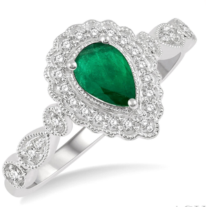 10K White Gold Pear Shaped Emerald and Diamond Halo Ring