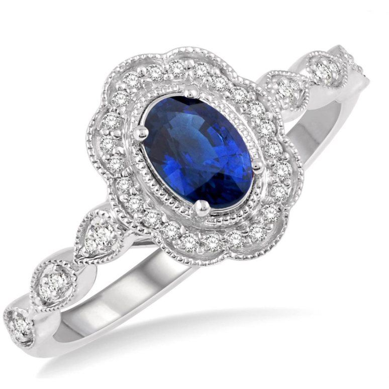 10K White Gold Oval Blue Sapphire and Diamond Halo Ring