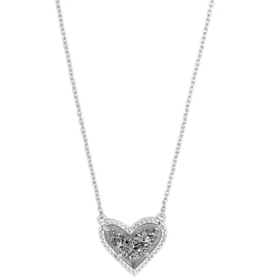 Kendra Scott Ari Heart Rhodium Pendant Necklace In Platinum Drusy