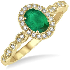 10K Yellow Gold Oval Shaped Emerald and Diamond Halo Ring