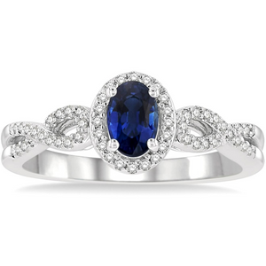 10K White Gold Oval Blue Sapphire and Diamond Twist Ring