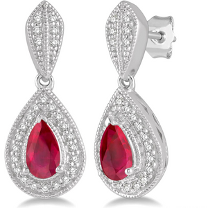 10K White Gold Pear Ruby & Diamond Dangle Earrings