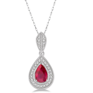 10K White Gold Pear Shaped Ruby and Diamond Pendant