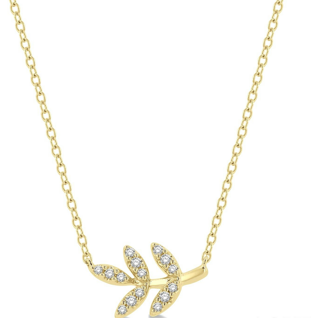 10k Yellow Gold Diamond Petite Leaf Pendant Necklace