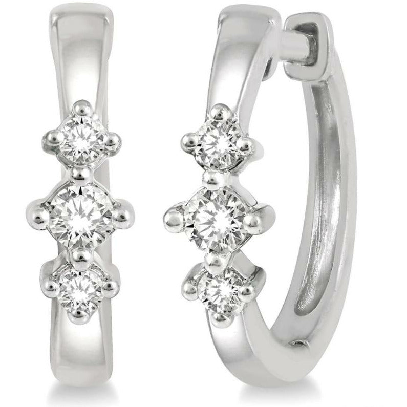 10k White Gold Three Stone Diamond Huggie Earrings