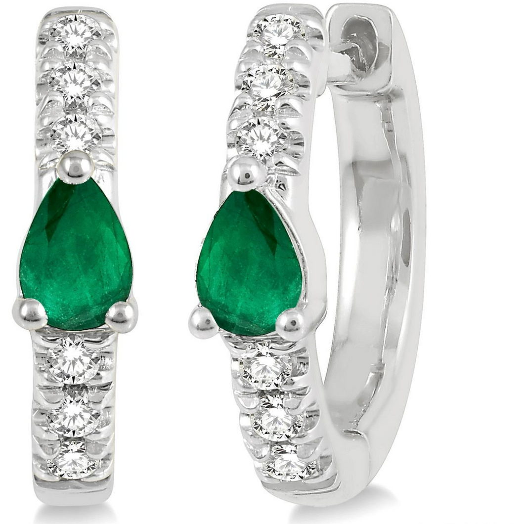 10K White Gold Diamond and Emerald Huggie Earrings