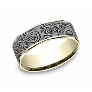 Benchmark 7.5mm 14K Yellow Gold & Tamascus Vortex Design Wedding Band