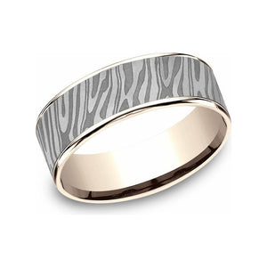 Benchmark 7.5mm 14K Rose Gold & Tamascus Tiger Stripe Wedding Band