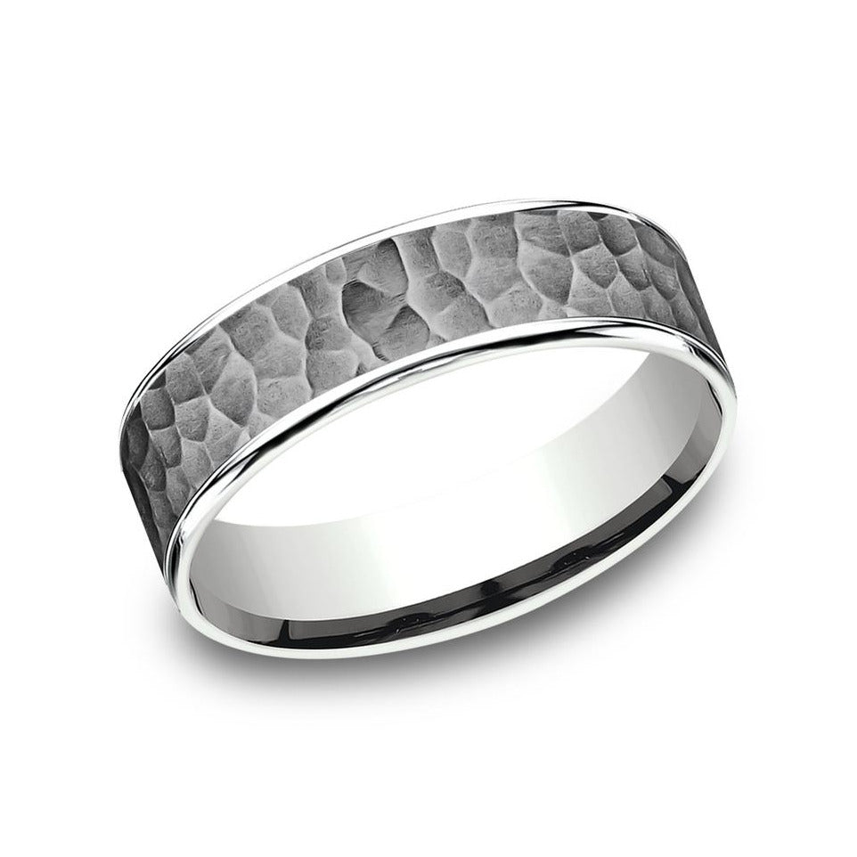 Benchmark Tantalum and 14k White Gold 6.5mm Hammered Finish Wedding Band