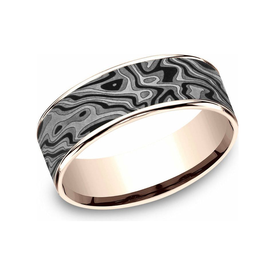 Benchmark 7.5mm 14K Rose Gold & Tantalum Mokume Design Wedding Band