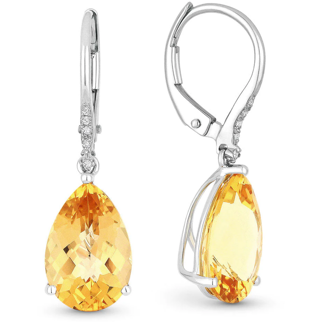14K White Gold Pear Shaped Citrine and Diamond Dangle Earrings