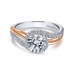Gabriel "Everly" 14K Rose and White Gold Bypass Halo Engagement Ring