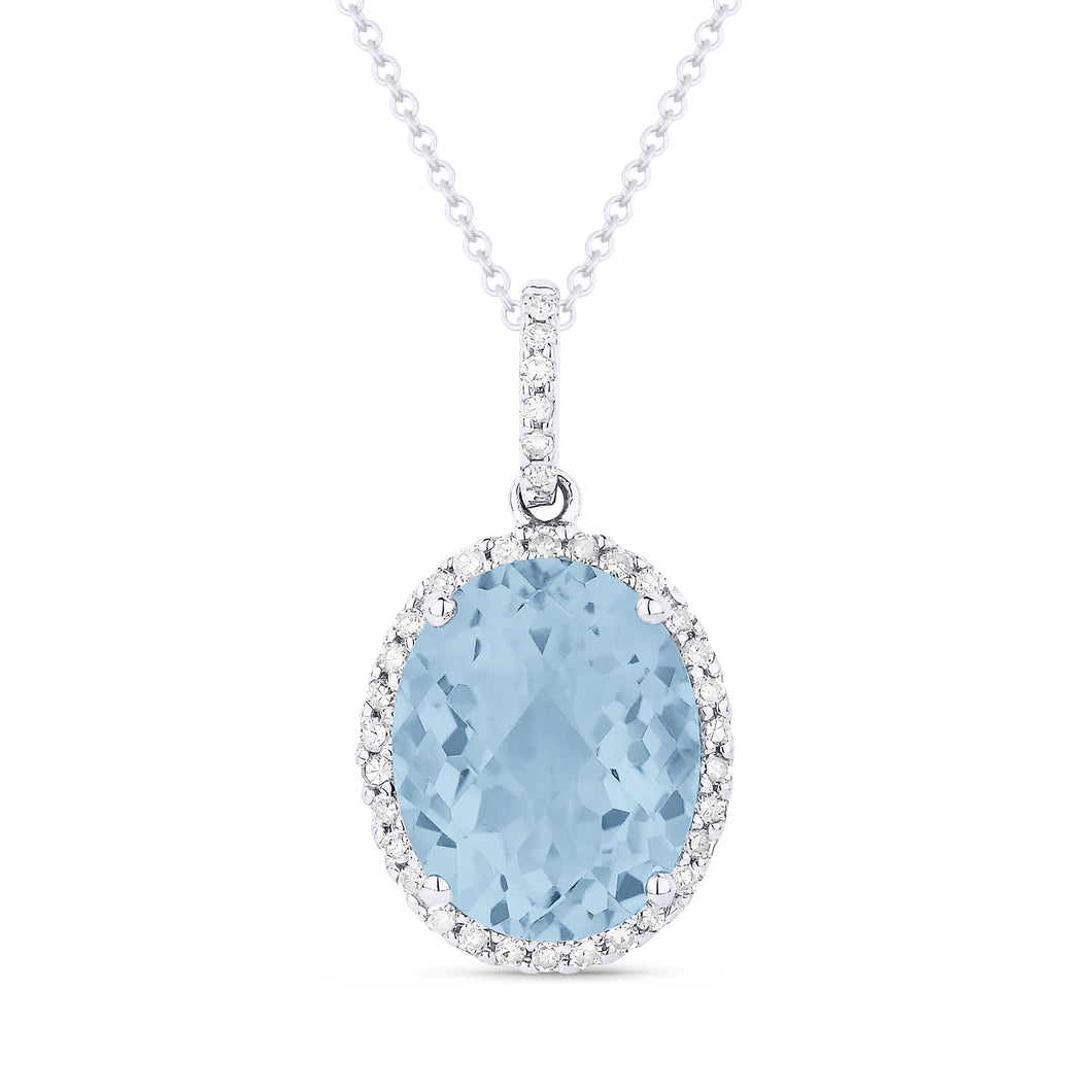 14K White Gold Oval Gemstone and Diamond Halo Pendant