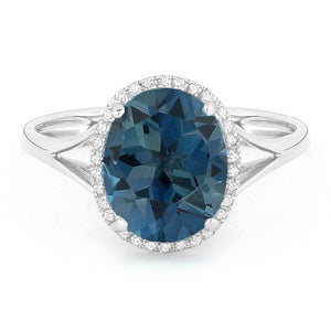 14K White Gold Oval London Blue Topaz and Diamond Ring