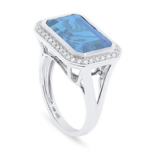 Load image into Gallery viewer, 14K White Gold Large Step Cut Blue Topaz and Diamond Halo Ring
