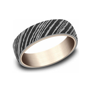 Benchmark 6.5mm 14K Rose Gold & Tamascus Wood Grain Wedding Band