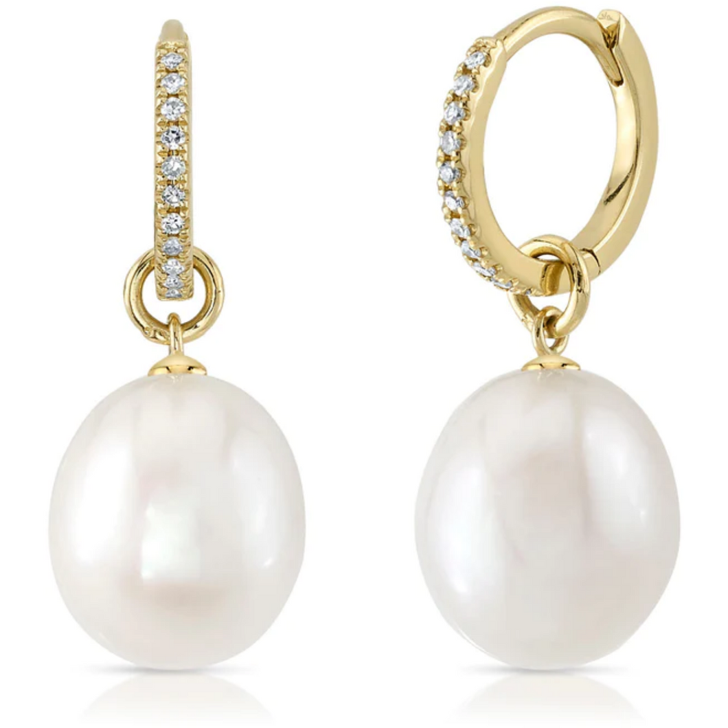 14K Yellow Gold Diamond & Pearl Drop Huggie Earrings