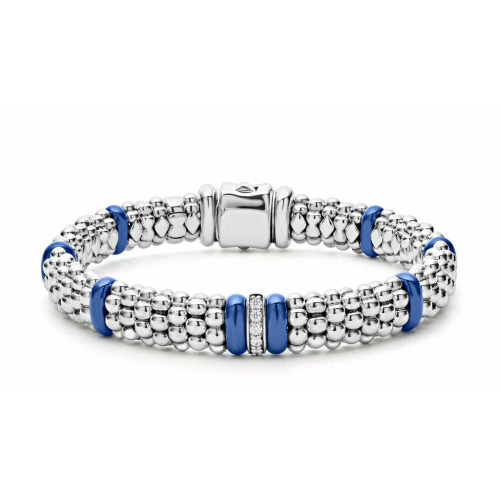 Lagos Sterling Silver Ultramarine Caviar Ceramic Single Diamond Station Bracelet