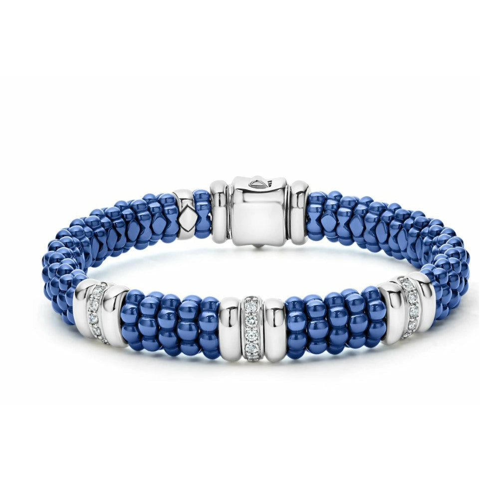 Lagos Sterling Silver Ultramarine Caviar Ceramic 3 Diamond Station Bracelet