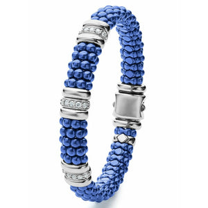 Lagos Sterling Silver Ultramarine Caviar Ceramic 3 Diamond Station Bracelet