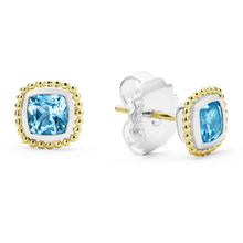 Load image into Gallery viewer, Lagos 18K and Sterling Silver Caviar Swiss Blue Topaz Cushion Stud Earrings
